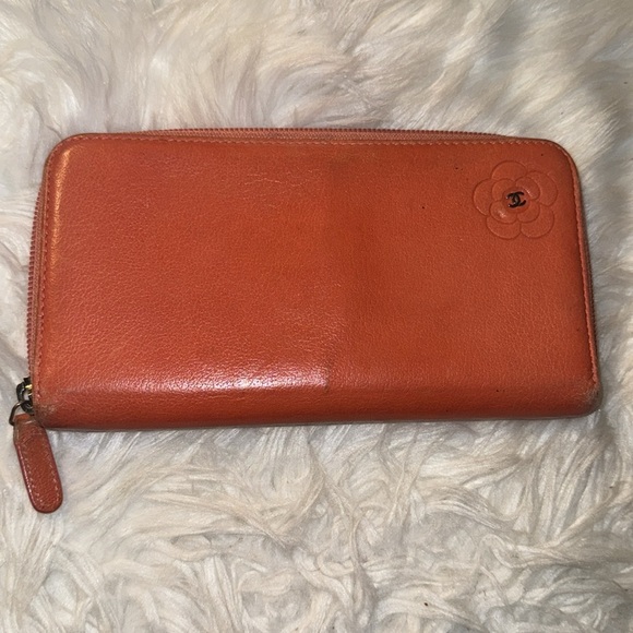 Authentic CHANEL Zip Around Long Wallet Purse Camellia Leather Orange GUC - Picture 5 of 12